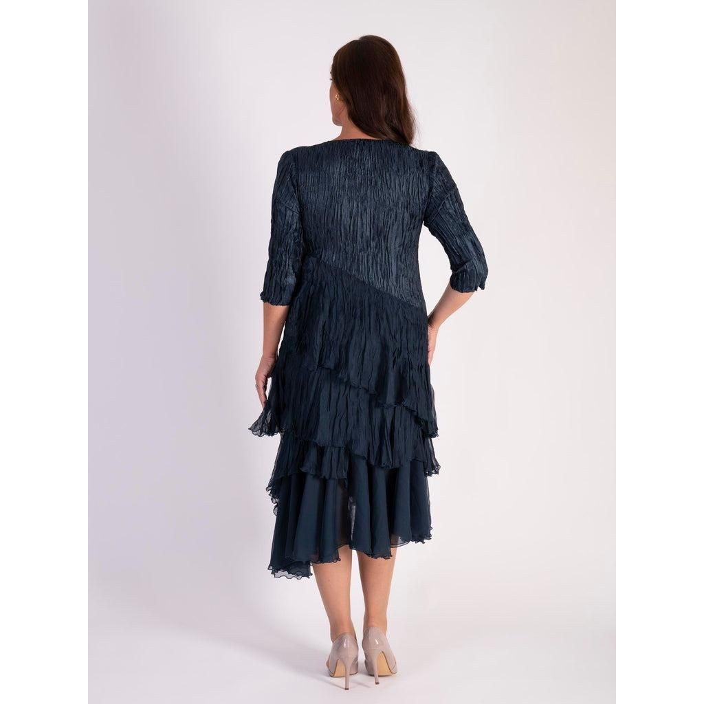 Chesca Navy Satin And Chiffon Crush Pleated Layer Dress With 3/4 Sleeve - Beales department store