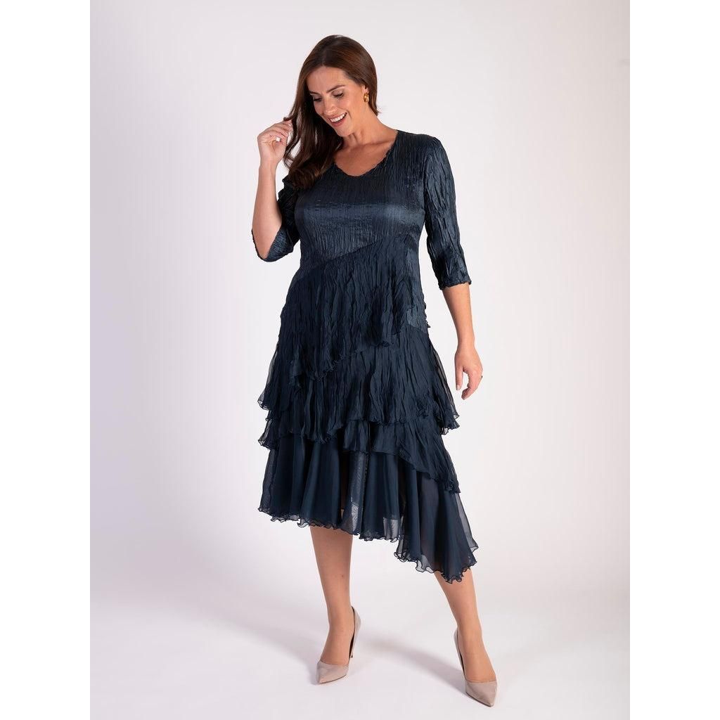 Chesca Navy Satin And Chiffon Crush Pleated Layer Dress With 3/4 Sleeve - Beales department store