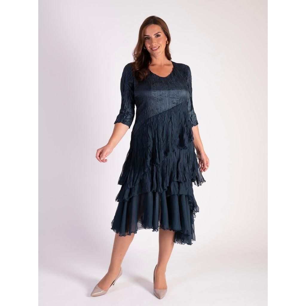 Chesca Navy Satin And Chiffon Crush Pleated Layer Dress With 3/4 Sleeve - Beales department store