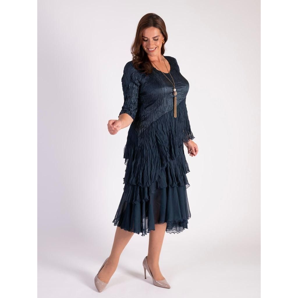 Chesca Navy Satin And Chiffon Crush Pleated Layer Dress With 3/4 Sleeve - Beales department store