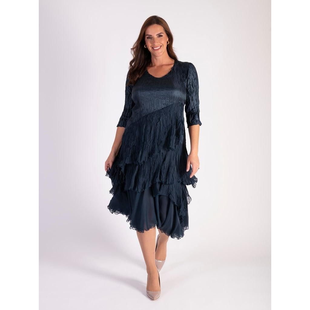 Chesca Navy Satin And Chiffon Crush Pleated Layer Dress With 3/4 Sleeve - Beales department store