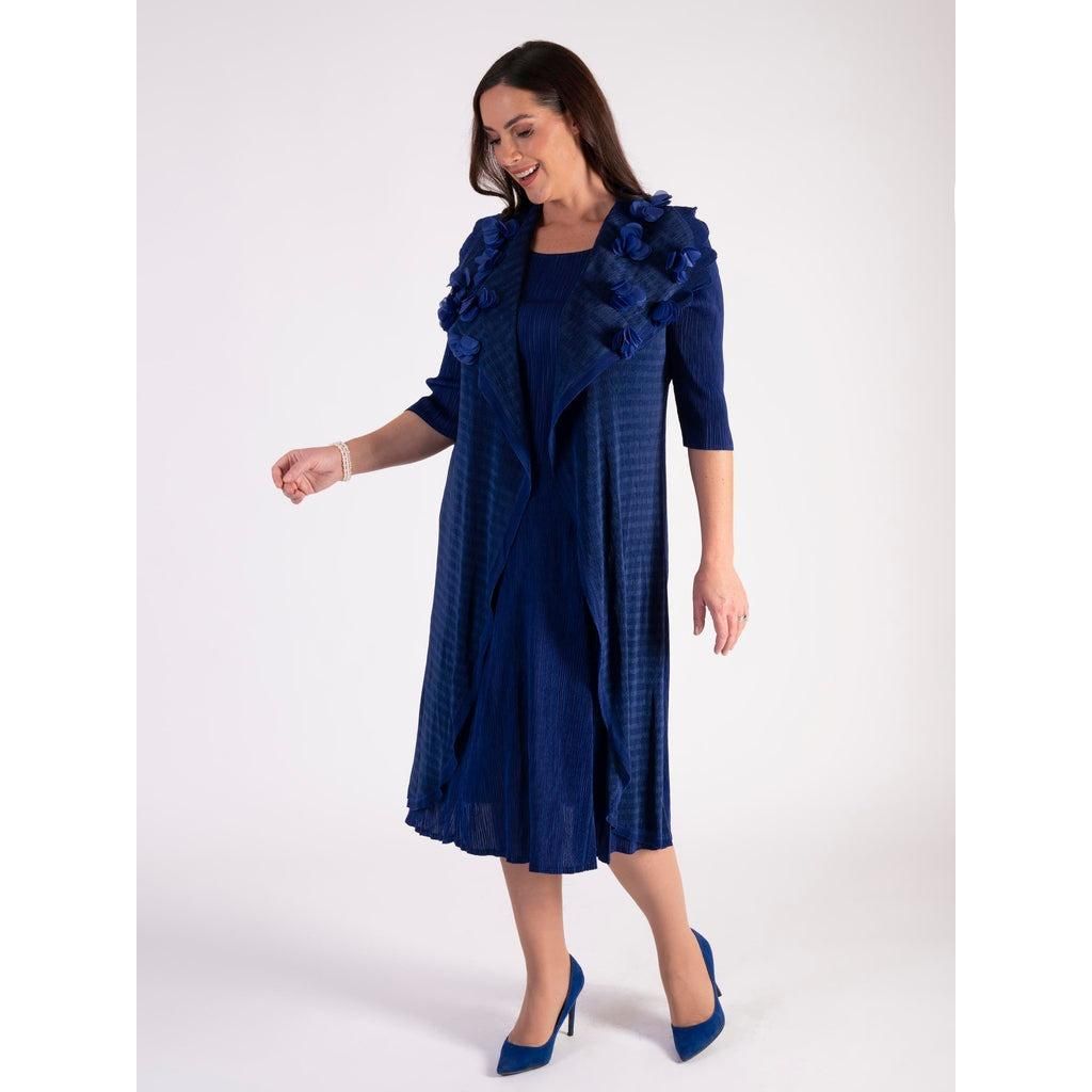 Chesca Royal Blue Pleated Dress With Chiffon Flower Details - Beales department store