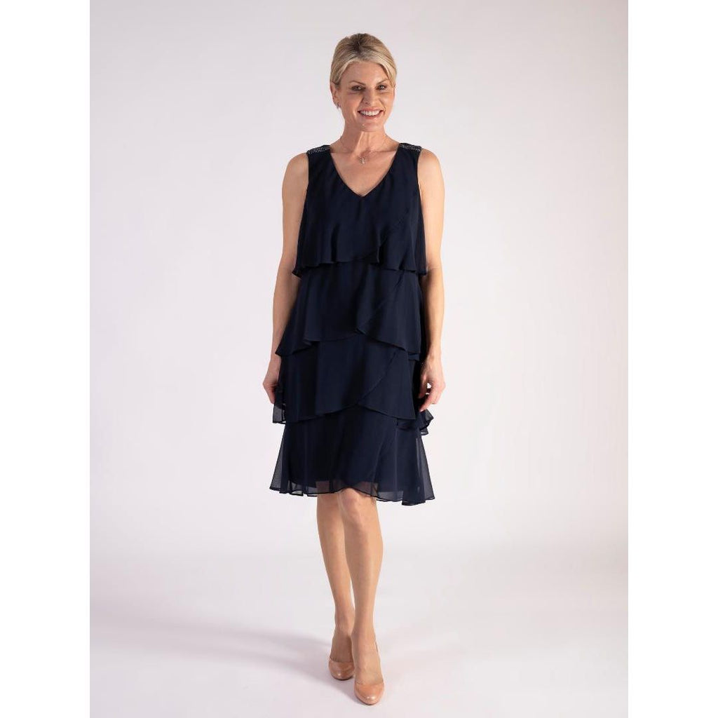 Chesca Sleeveless Tiered Dress with Shoulder Embellishment Detail - Navy - Beales department store