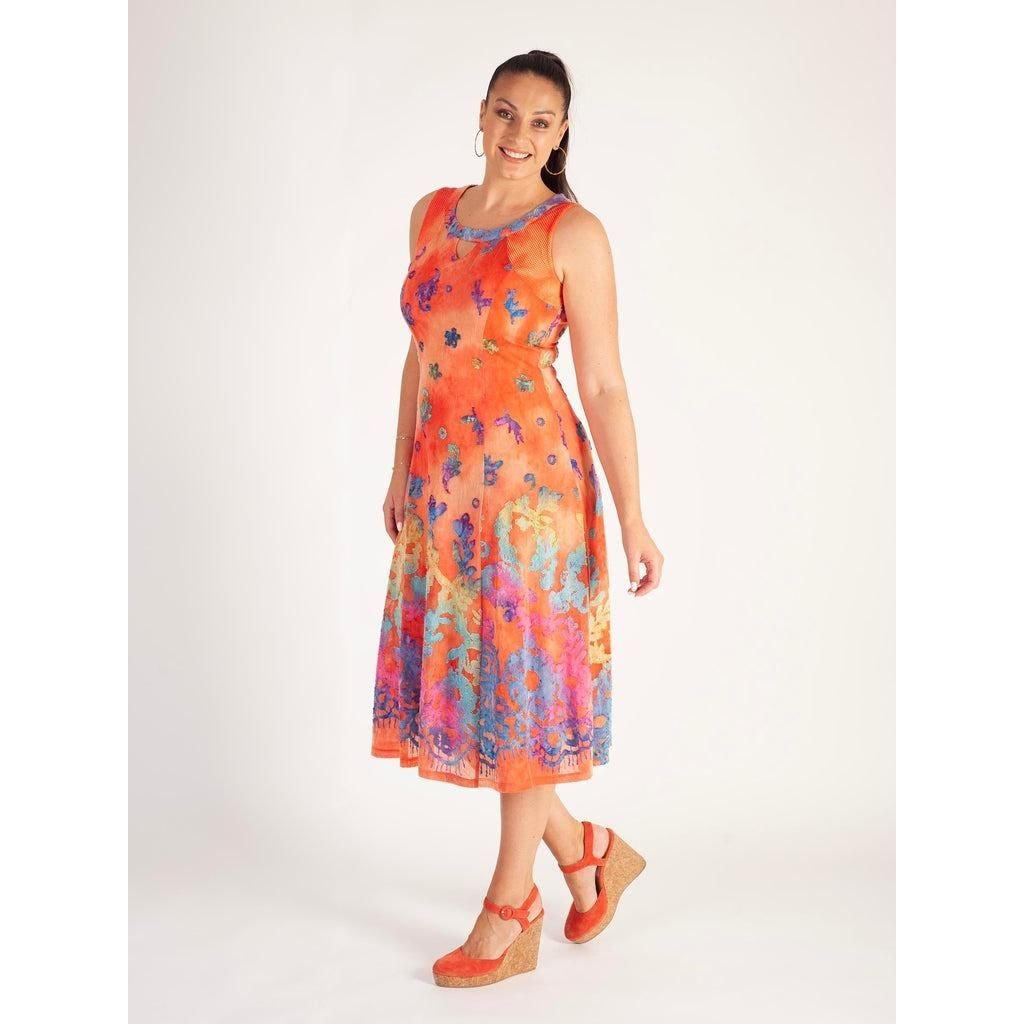 Chesca Tangerine/Multi Floral Burnout Sleeveless Dress With Cut-Out Detail - Beales department store