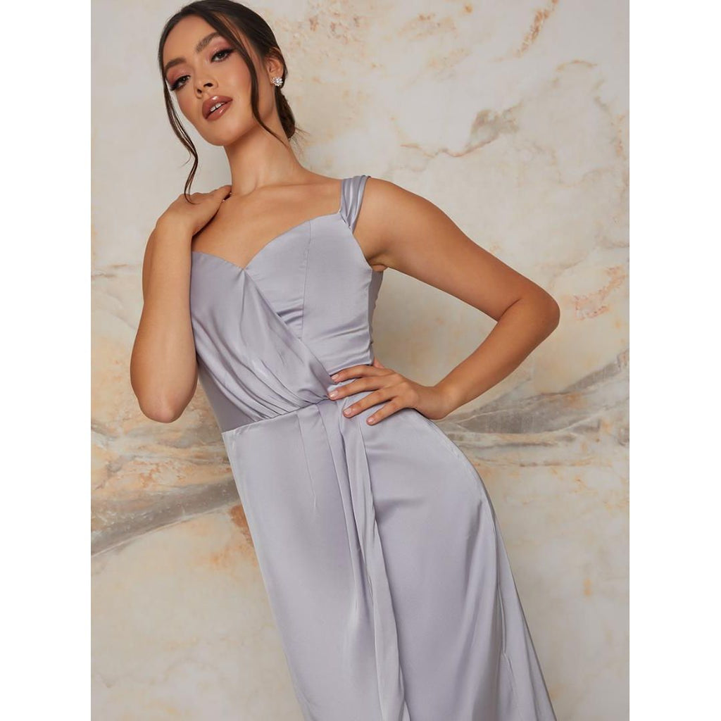 Chi Chi Bardot Wrap Satin Maxi Dress - Blue - Beales department store