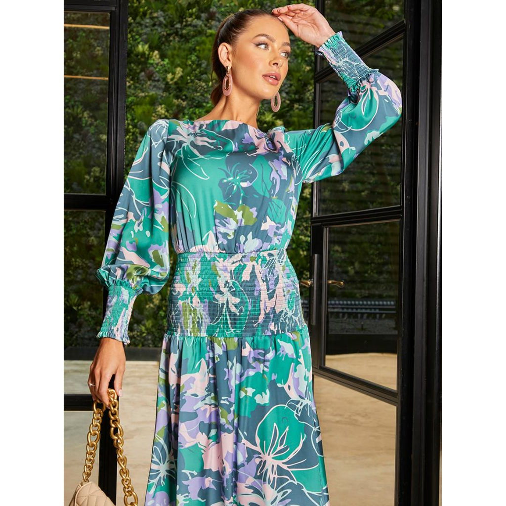 Chi Chi Long Sleeve Floral Abstract Print Midi Dress - Green - Beales department store