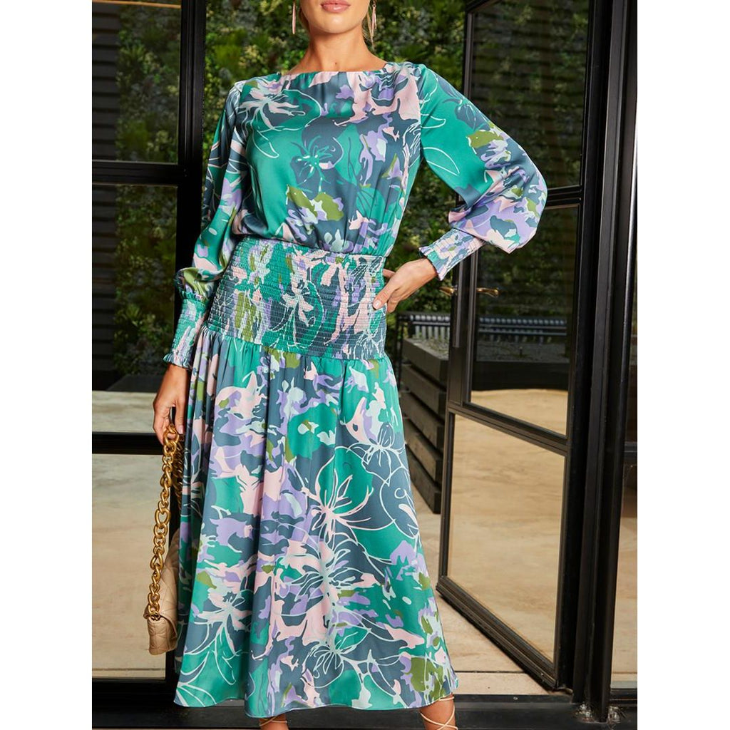 Chi Chi Long Sleeve Floral Abstract Print Midi Dress - Green - Beales department store