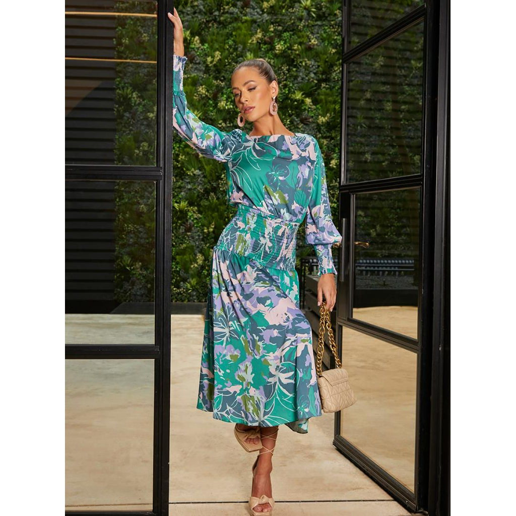 Chi Chi Long Sleeve Floral Abstract Print Midi Dress - Green - Beales department store