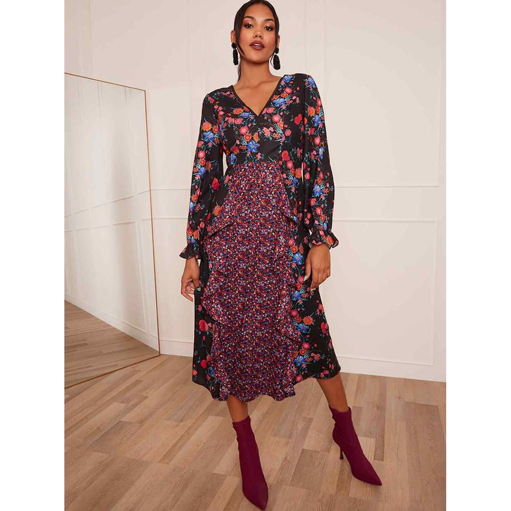 Chi Chi Long Sleeve Plunge Floral Printed Midi Dress - Black - Beales department store