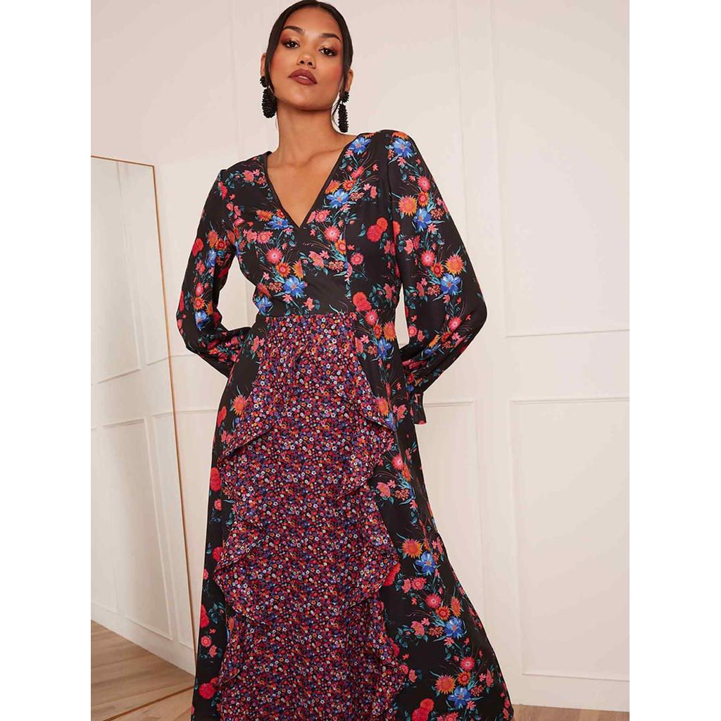 Chi Chi Long Sleeve Plunge Floral Printed Midi Dress - Black - Beales department store