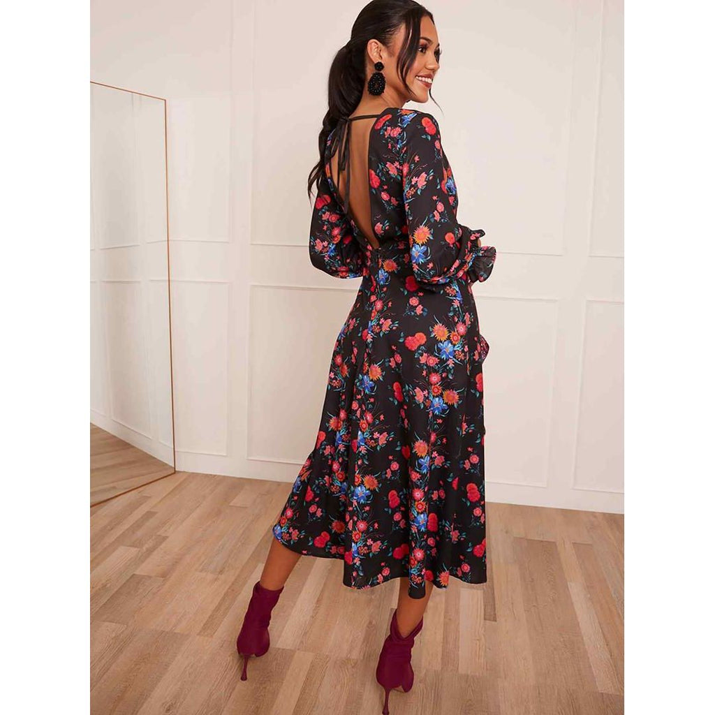 Chi Chi Long Sleeve Plunge Floral Printed Midi Dress - Black - Beales department store