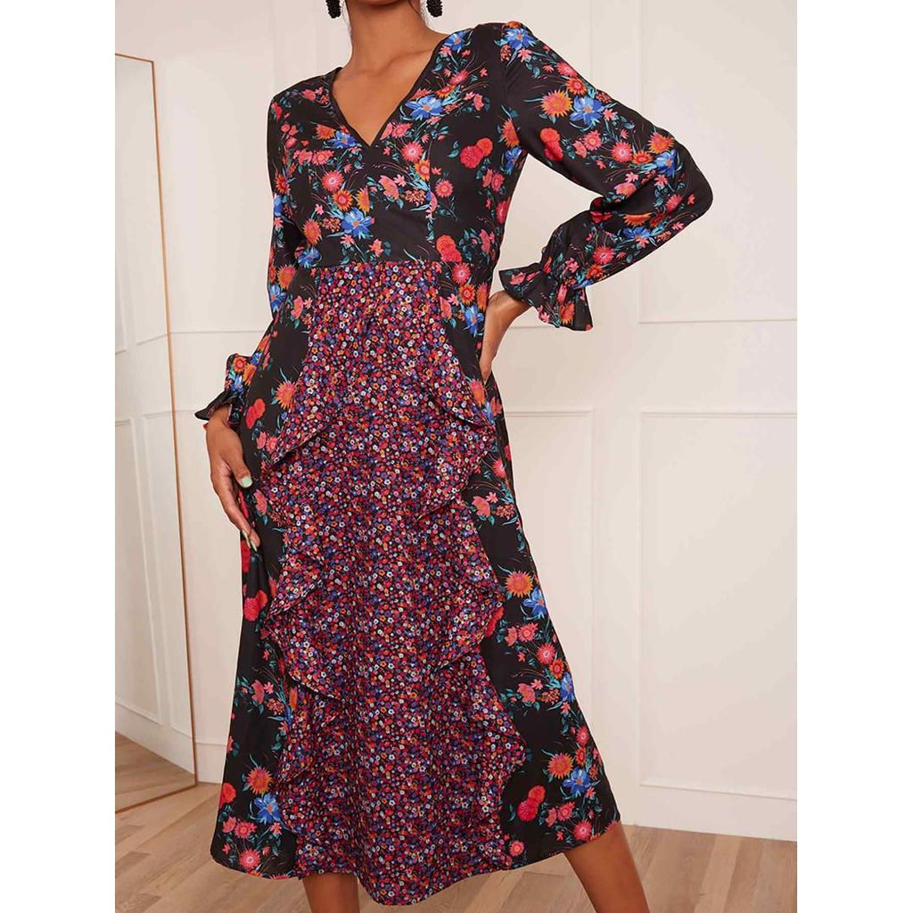 Chi Chi Long Sleeve Plunge Floral Printed Midi Dress - Black - Beales department store