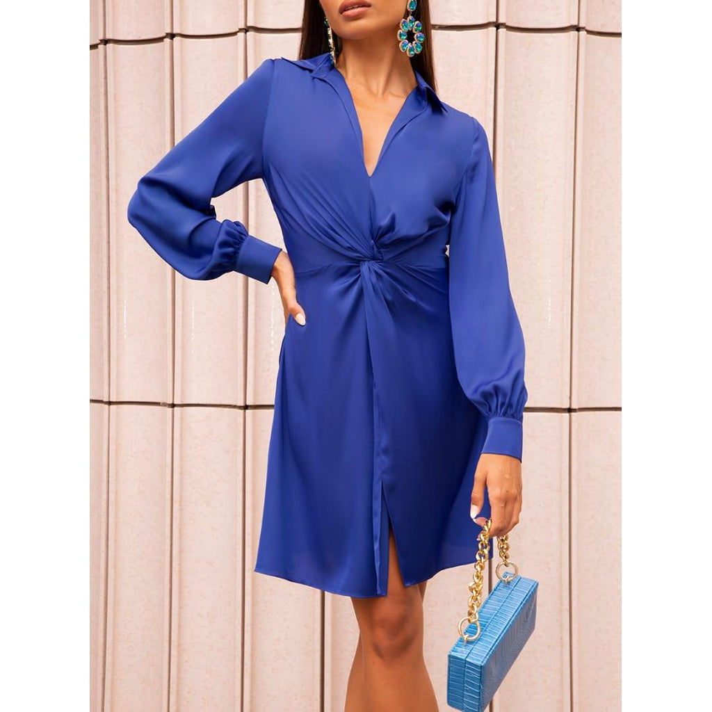 Chi Chi Long Sleeve Plunge Twist Detail Midi Dress - Blue - Beales department store