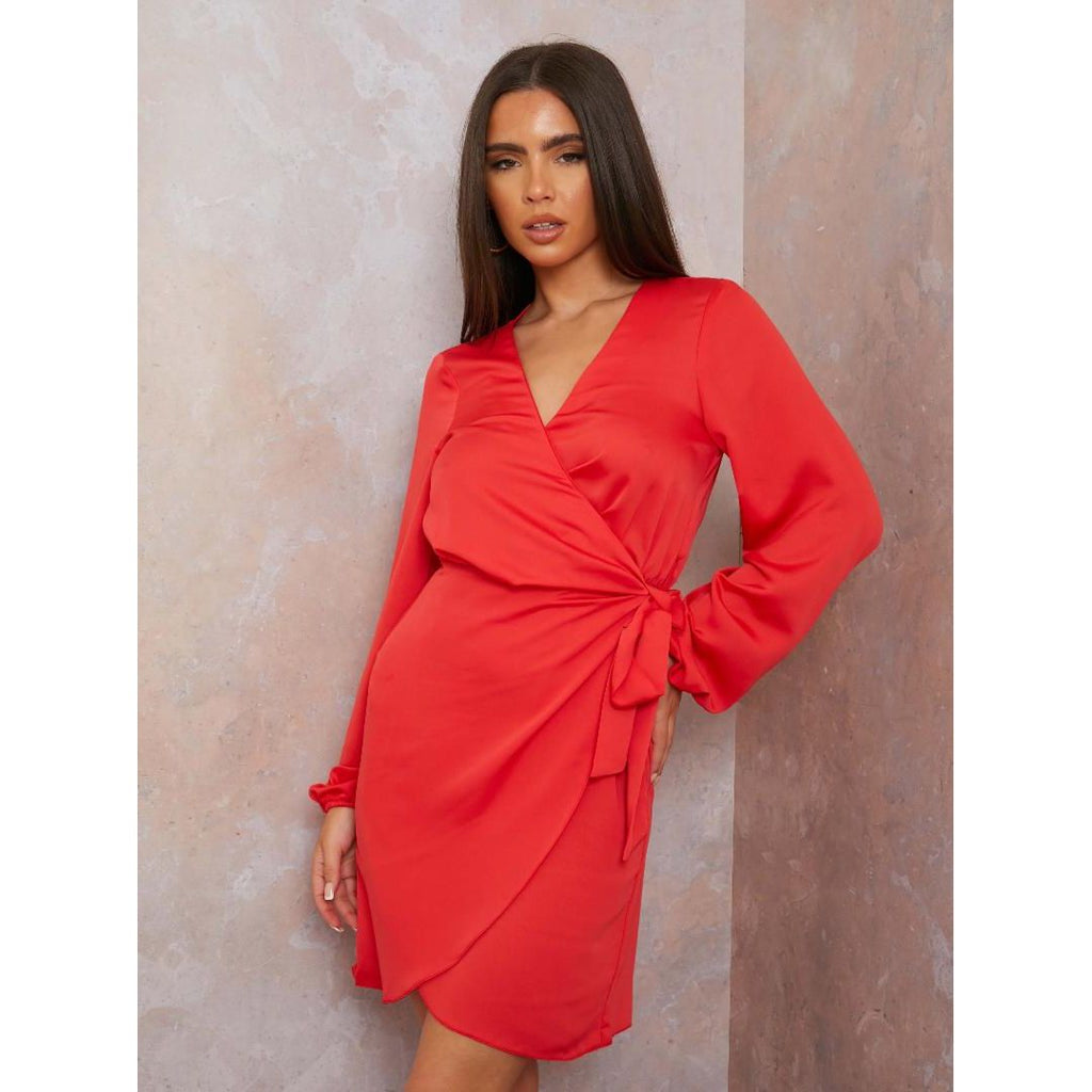 Chi Chi Long Sleeve Satin Wrap Mini Dress - Red - Beales department store