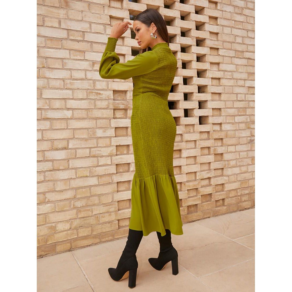 Chi Chi Long Sleeve Shirred Maxi Dress - Green - Beales department store