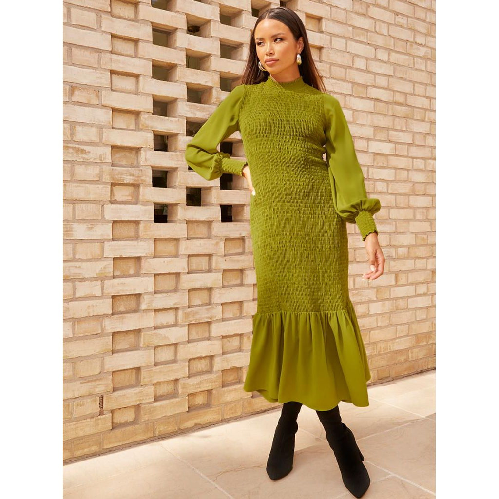 Chi Chi Long Sleeve Shirred Maxi Dress - Green - Beales department store