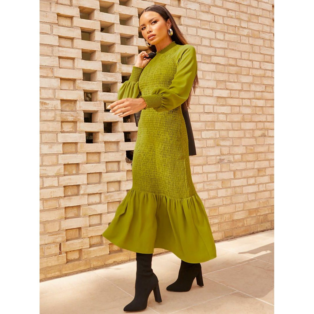 Chi Chi Long Sleeve Shirred Maxi Dress - Green - Beales department store