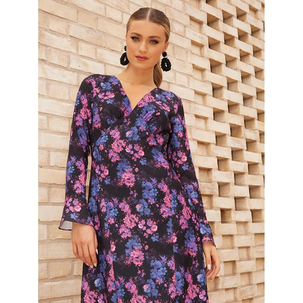 Chi Chi Long Sleeve V Neck Floral Print Midi Dress - Black - Beales department store