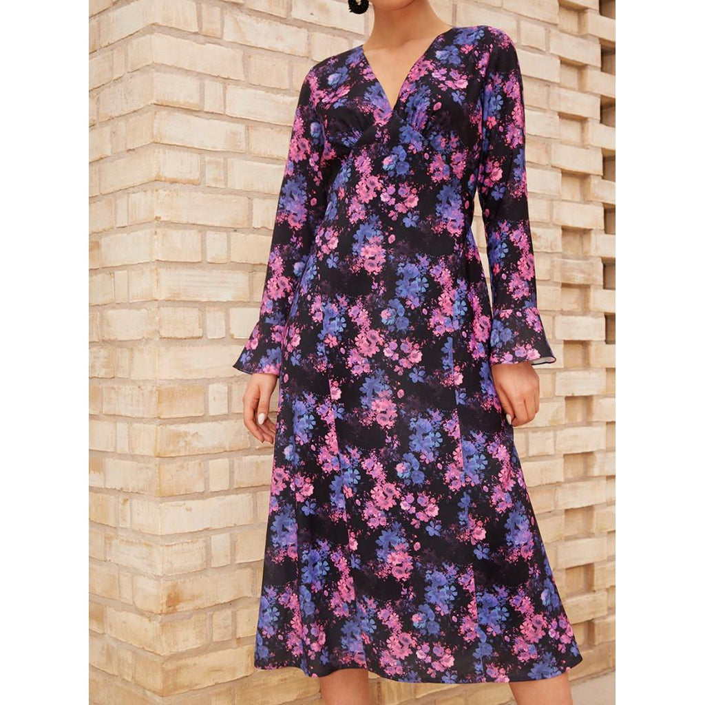 Chi Chi Long Sleeve V Neck Floral Print Midi Dress - Black - Beales department store