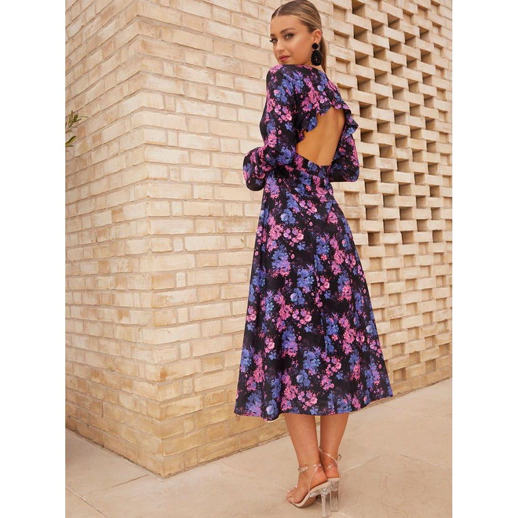 Chi Chi Long Sleeve V Neck Floral Print Midi Dress - Black - Beales department store