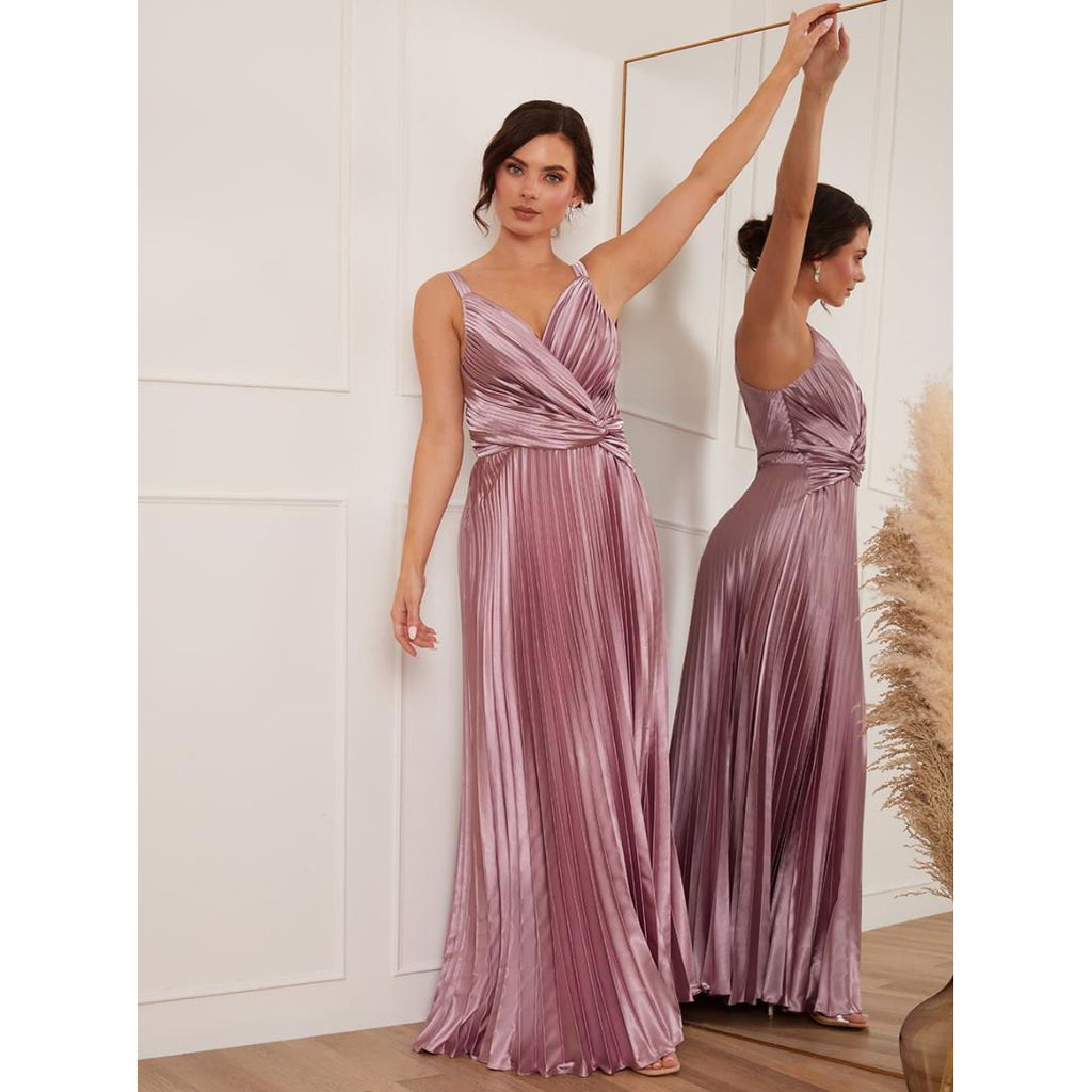 Chi Chi Petite Satin Cami Strap Pleated Maxi Dress - Lilac - Beales department store