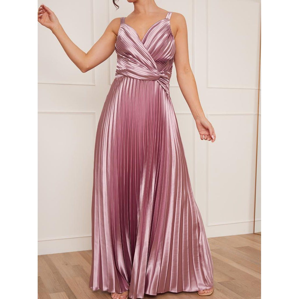 Chi Chi Petite Satin Cami Strap Pleated Maxi Dress - Lilac - Beales department store