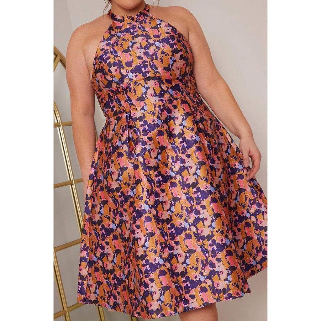 Chi Chi Plus Size Halter Neck Abstract Print Midi Dress - Blue - Beales department store