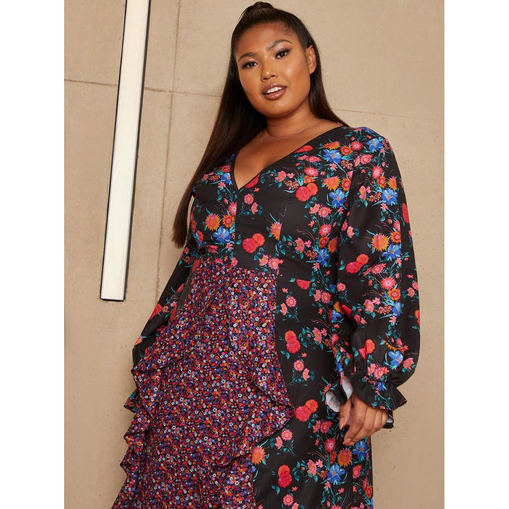 Chi Chi Plus Size Long Sleeve Plunge Floral Printed Midi Dress - Black - Beales department store