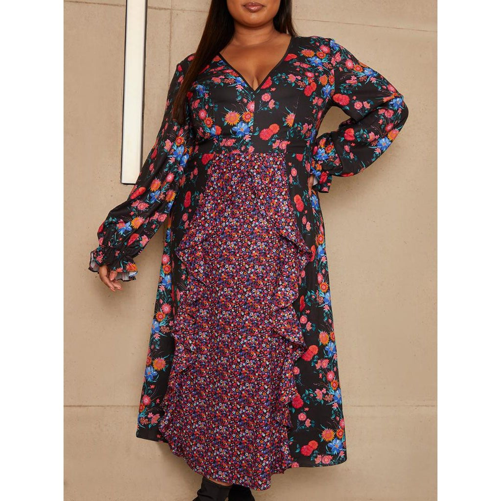 Chi Chi Plus Size Long Sleeve Plunge Floral Printed Midi Dress - Black - Beales department store