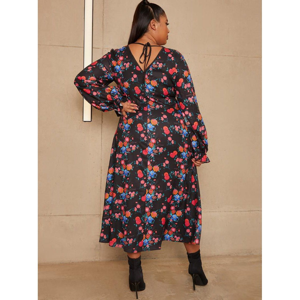 Chi Chi Plus Size Long Sleeve Plunge Floral Printed Midi Dress - Black - Beales department store