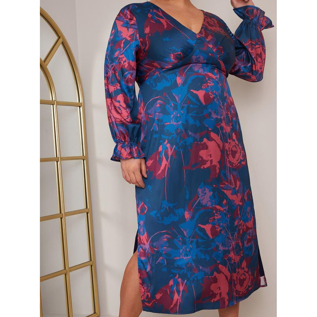 Chi Chi Plus Size Long Sleeve V Neck Floral Print Dress - Navy - Beales department store