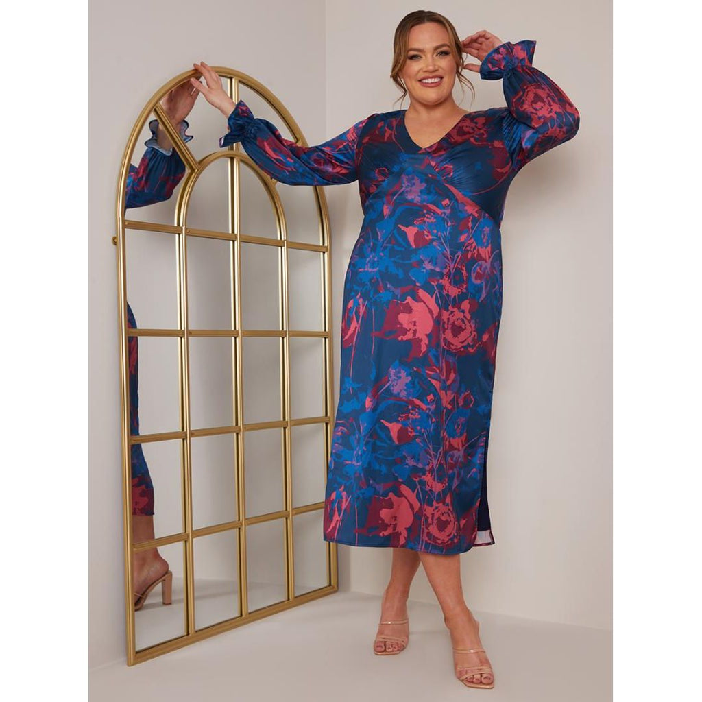 Chi Chi Plus Size Long Sleeve V Neck Floral Print Dress - Navy - Beales department store