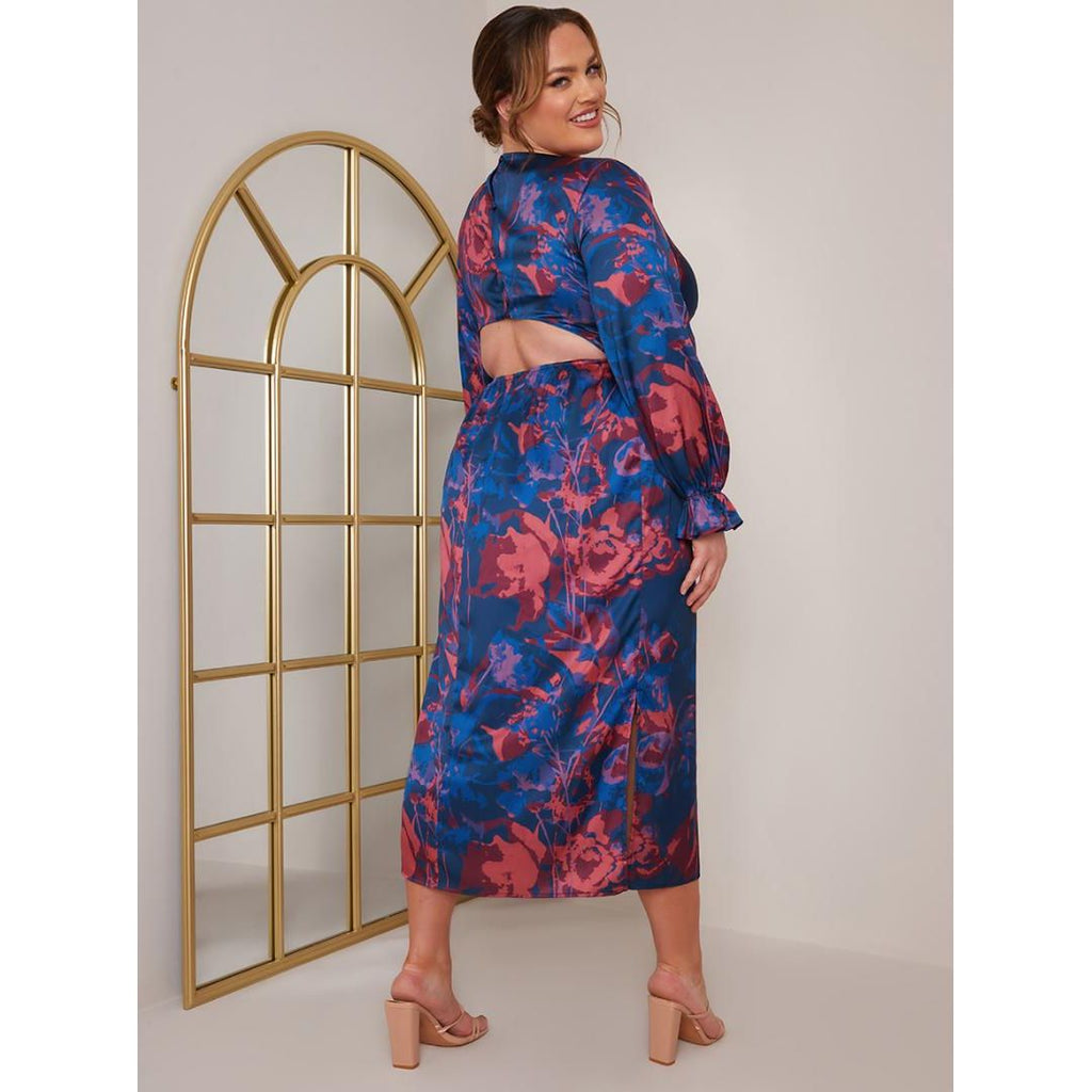 Chi Chi Plus Size Long Sleeve V Neck Floral Print Dress - Navy - Beales department store