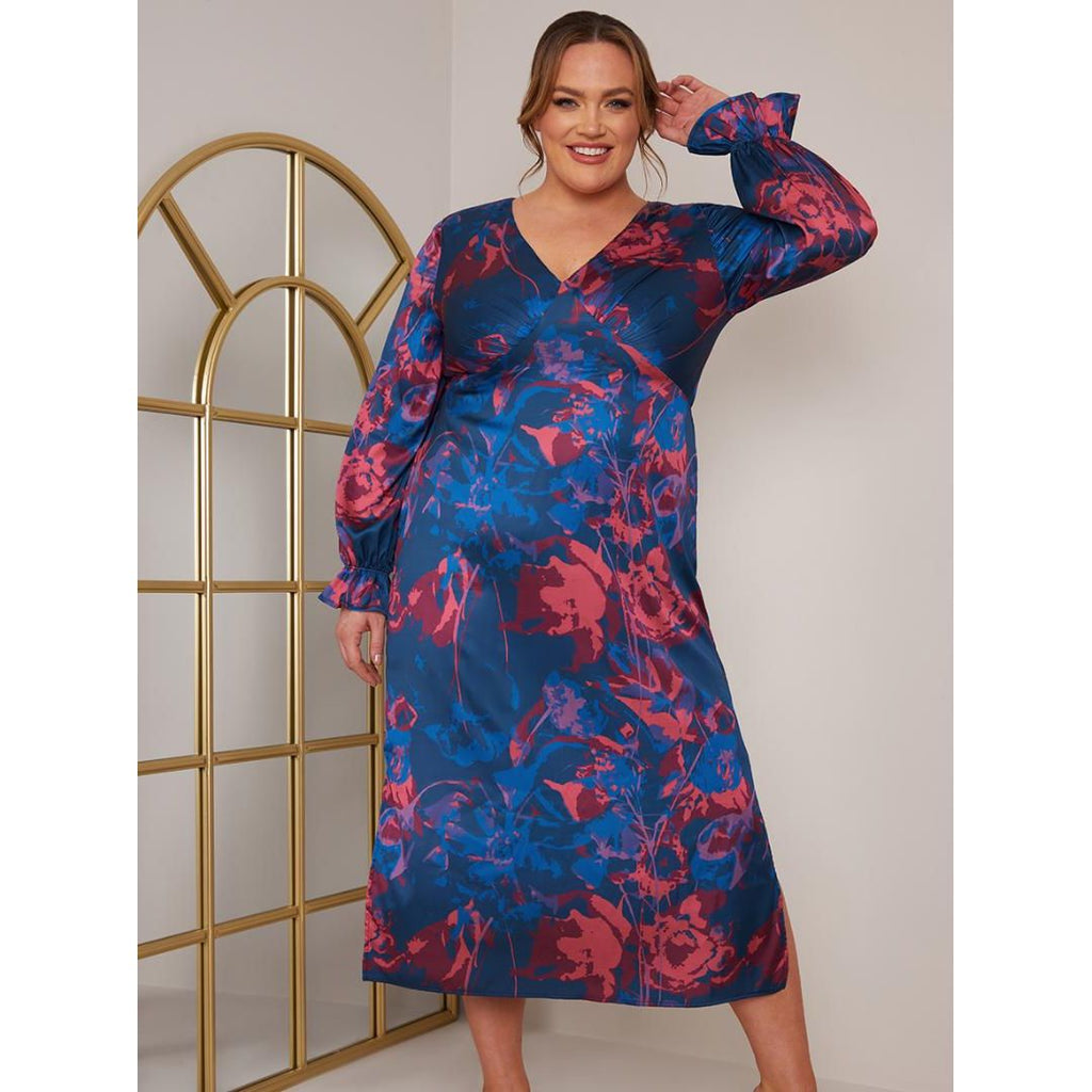 Chi Chi Plus Size Long Sleeve V Neck Floral Print Dress - Navy - Beales department store