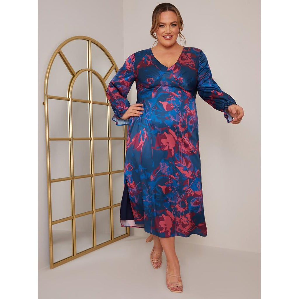 Chi Chi Plus Size Long Sleeve V Neck Floral Print Dress - Navy - Beales department store