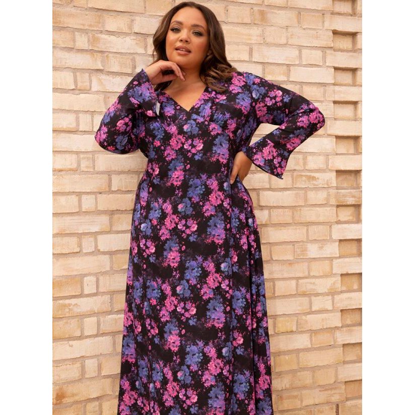 Chi Chi Plus Size Long Sleeve V Neck Floral Print Midi Dress - Black - Beales department store