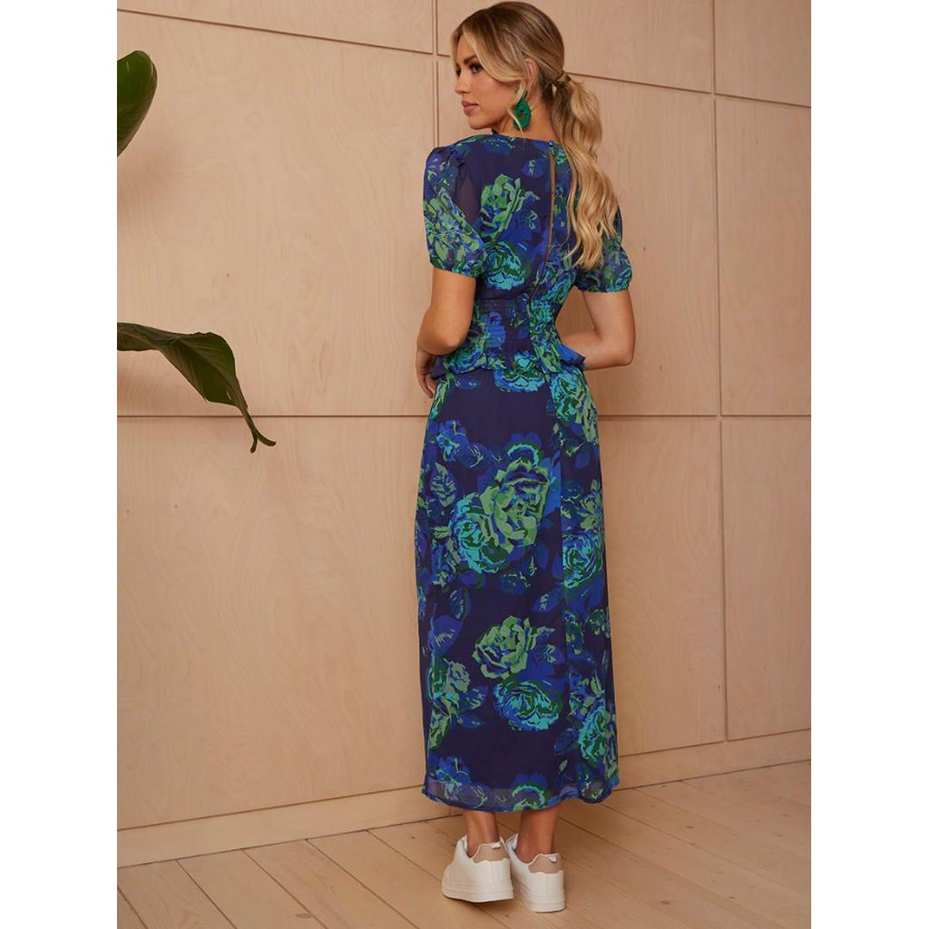 Chi Chi Puff Sleeve Ruflle Detail Floral Midi Dress - Navy - Beales department store