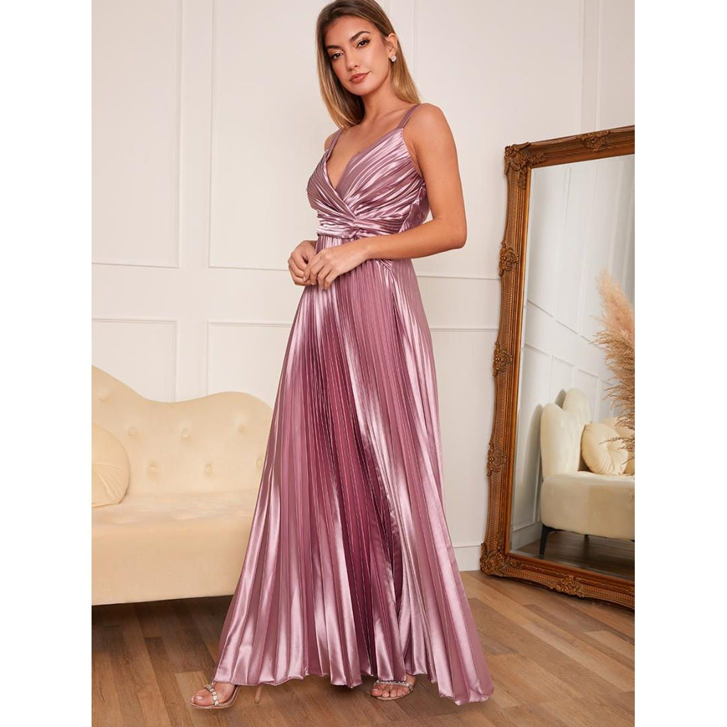 Chi Chi Satin Cami Strap Pleated Maxi Dress - Lilac - Beales department store