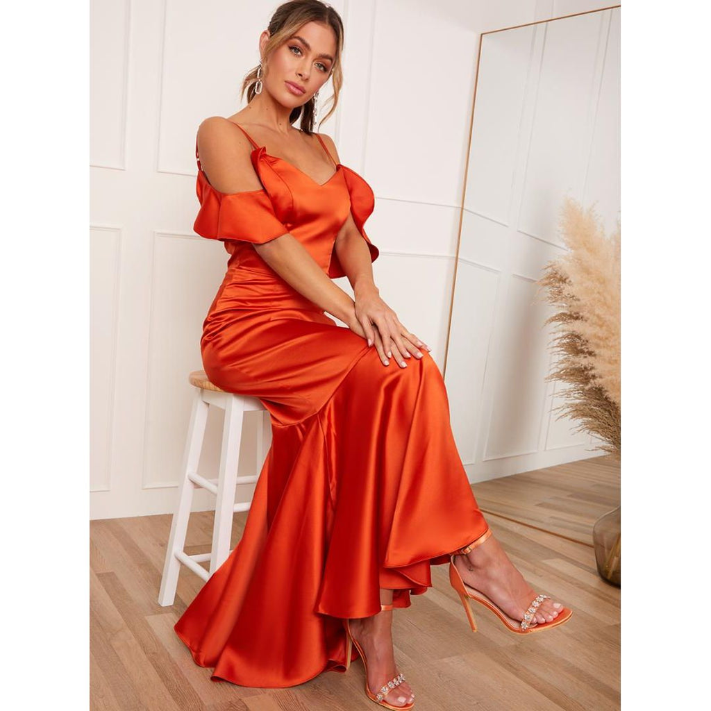 Chi Chi Satin Cami Strap Ruffle Detail Bodycon Dress - Rust - Beales department store