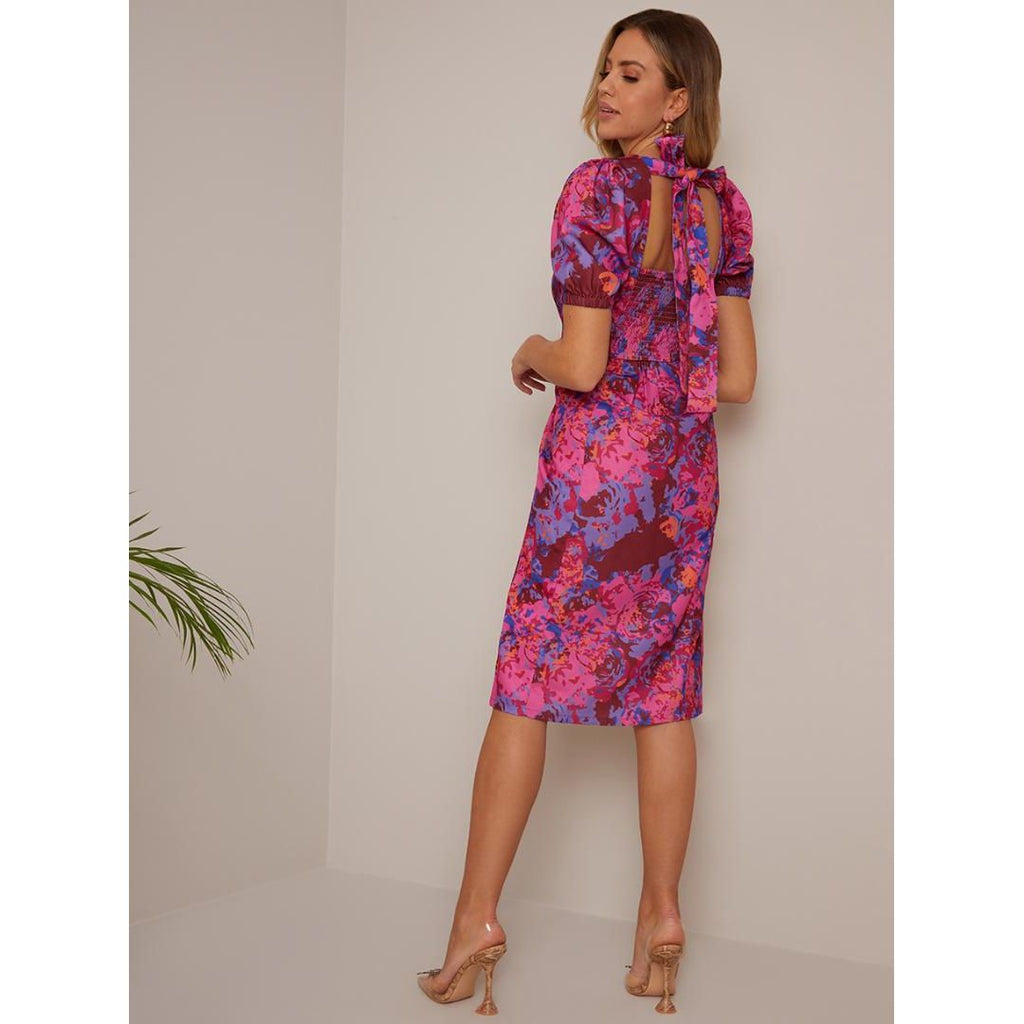 Chi Chi Short Sleeve Floral Midi Dress - Pink - Beales department store