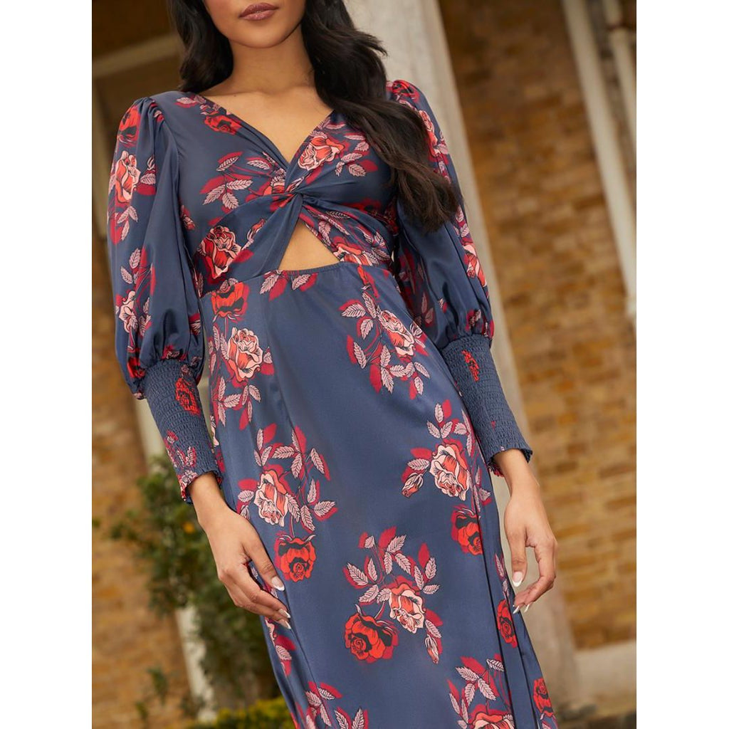 Chi Chi Twist Bodice Floral Maxi Dress - Navy - Beales department store