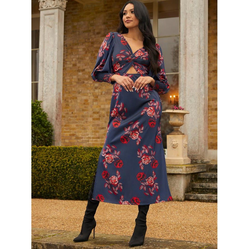 Chi Chi Twist Bodice Floral Maxi Dress - Navy - Beales department store