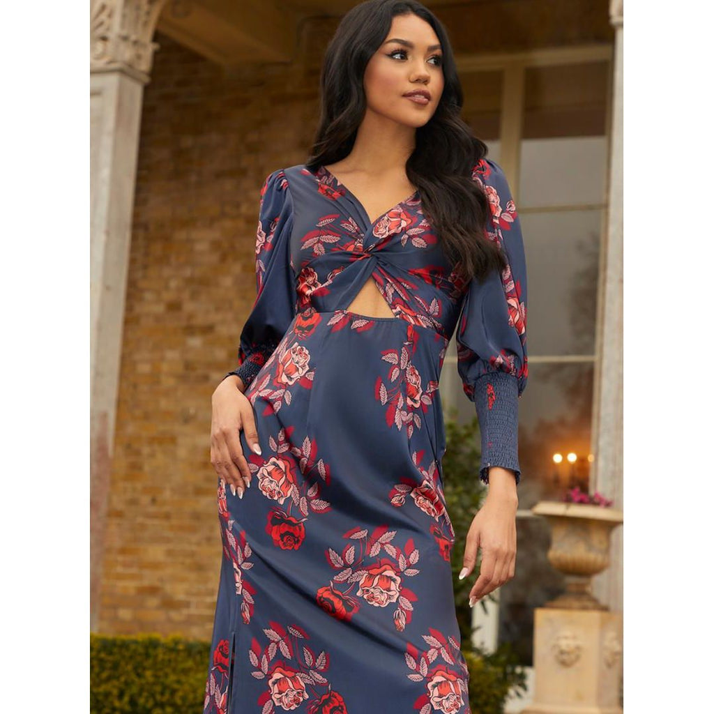 Chi Chi Twist Bodice Floral Maxi Dress - Navy - Beales department store