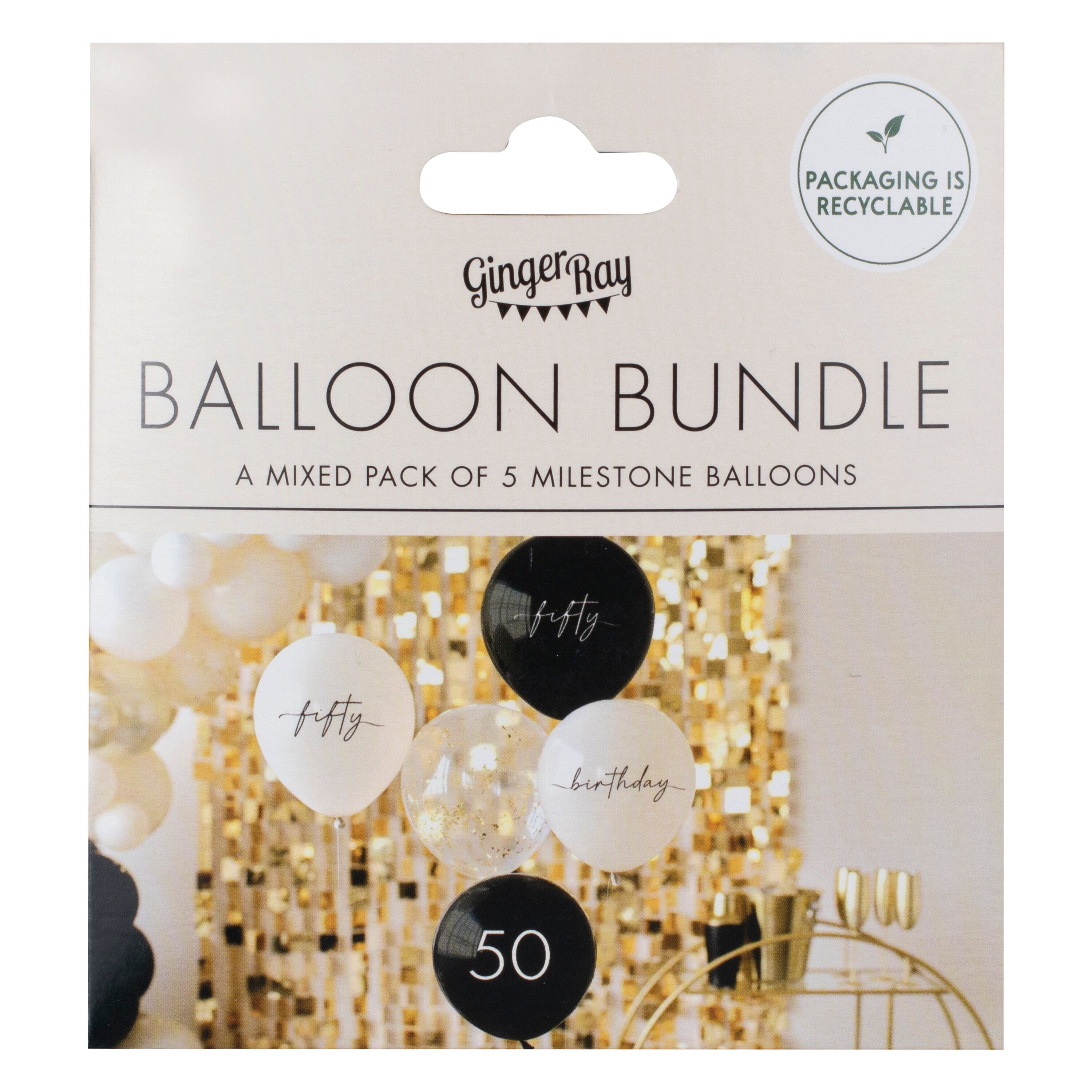 Black, Nude, Cream and Champagne Gold 50th Birthday Party Balloons- 5 Inner Pack