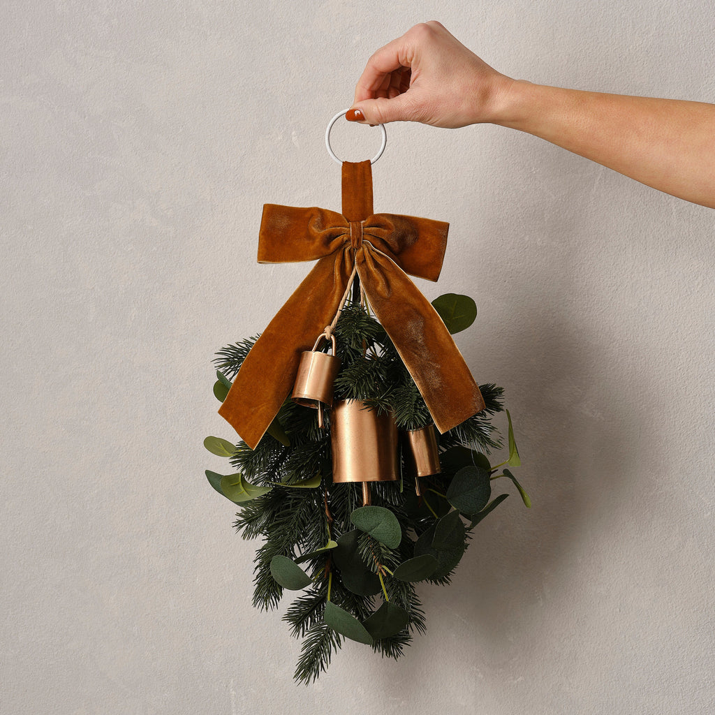 Foliage Christmas Door Swag with Velvet Ribbon & Bells