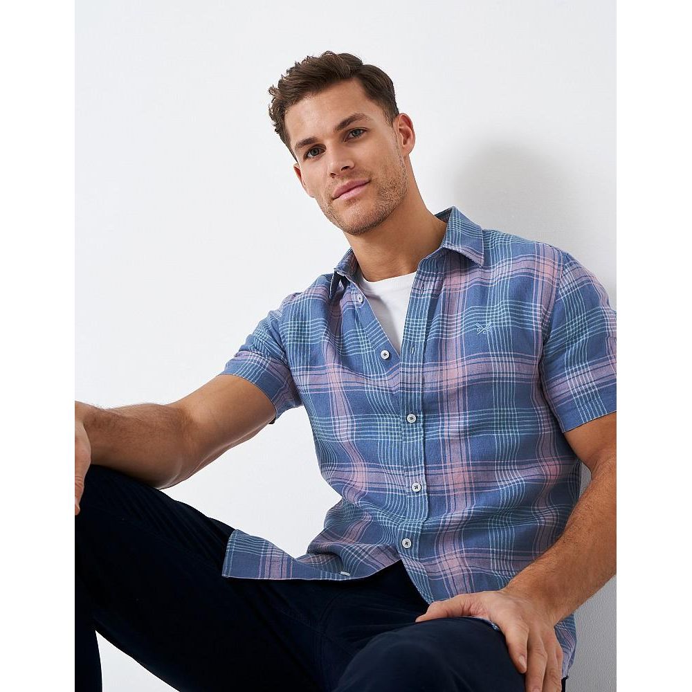 Crew Clothing Short Sleeve Linen Check Shirt - Blue Pink - Beales department store