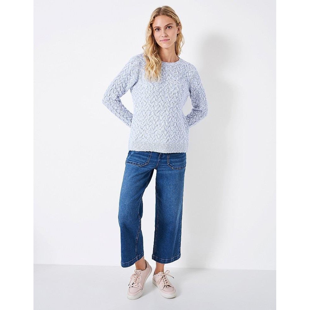 Crew Clothing Twist Yarn Cotton Wool Cable Knit Crew Neck Jumper - Blue White - Beales department store