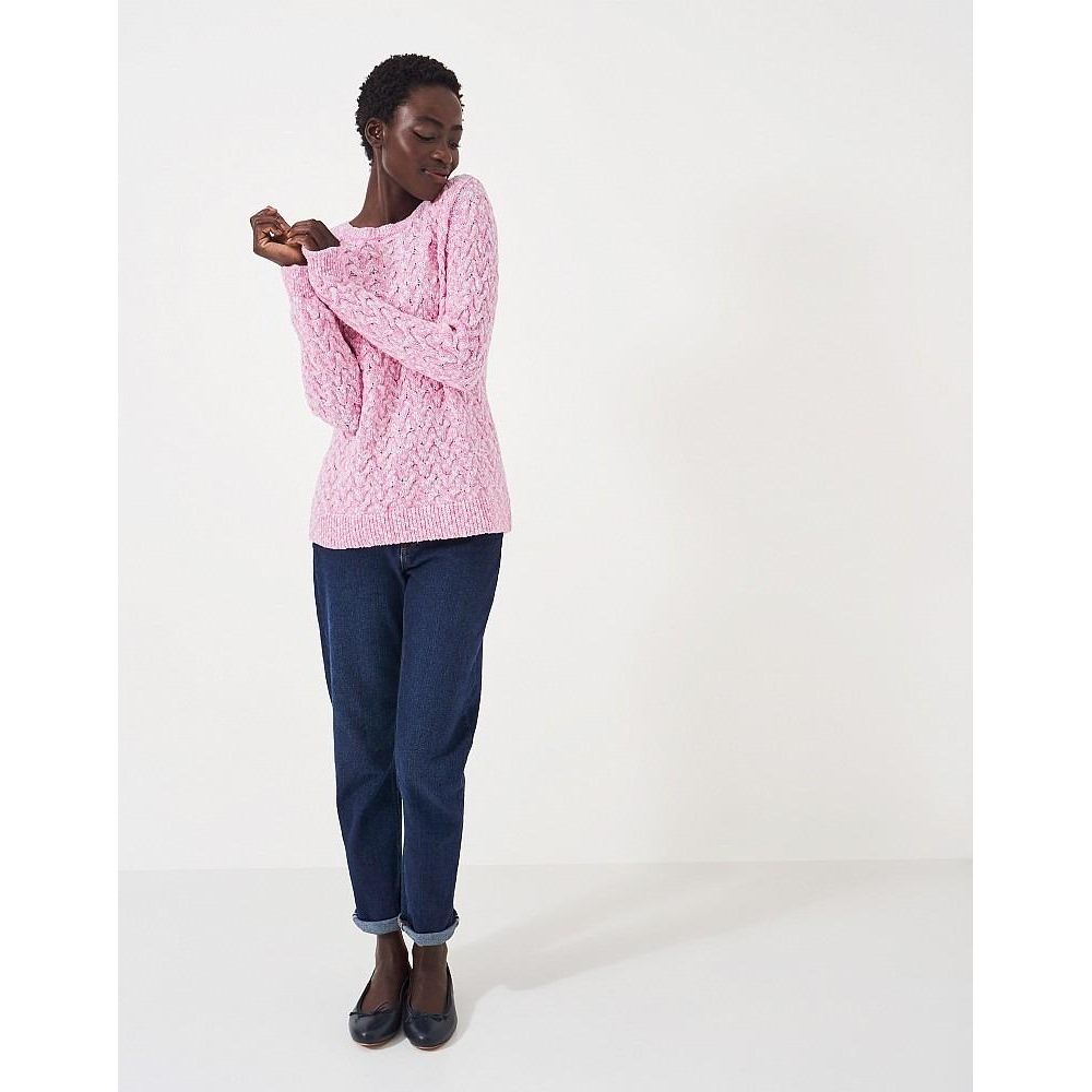 Crew Clothing Twist Yarn Cotton Wool Cable Knit Crew Neck Jumper - Pink White - Beales department store