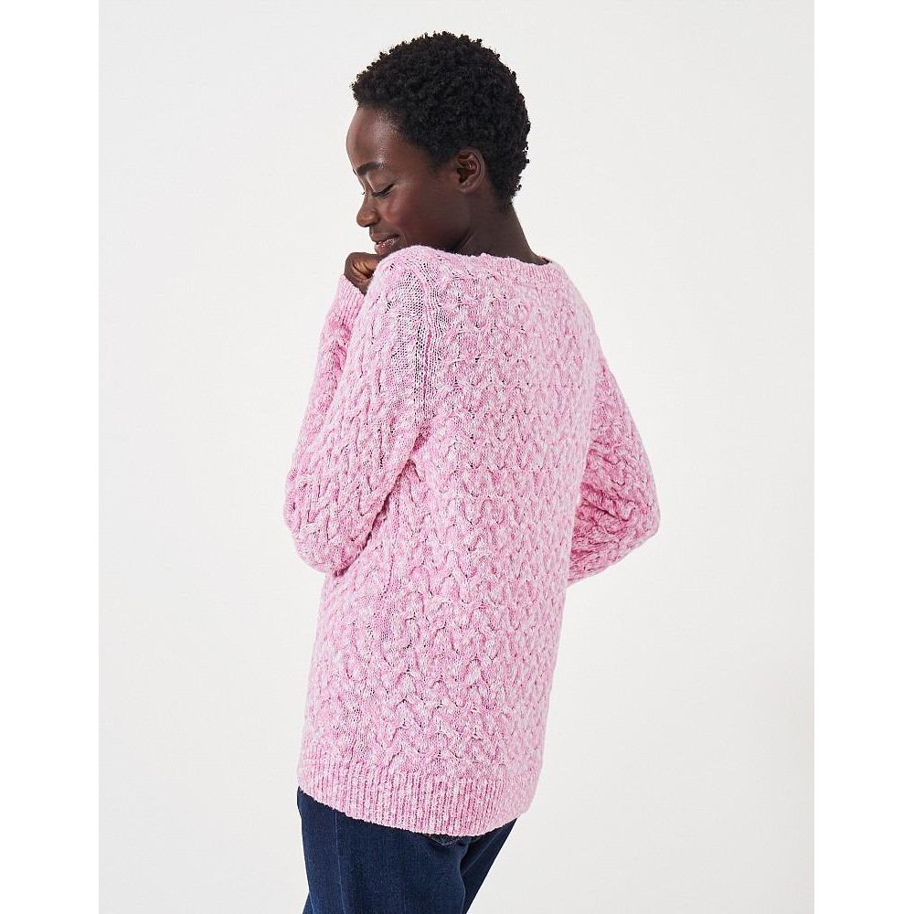 Crew Clothing Twist Yarn Cotton Wool Cable Knit Crew Neck Jumper - Pink White - Beales department store