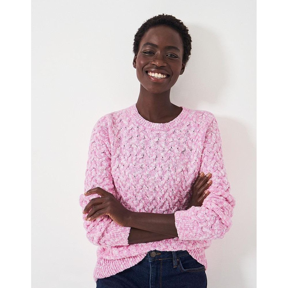 Crew Clothing Twist Yarn Cotton Wool Cable Knit Crew Neck Jumper - Pink White - Beales department store